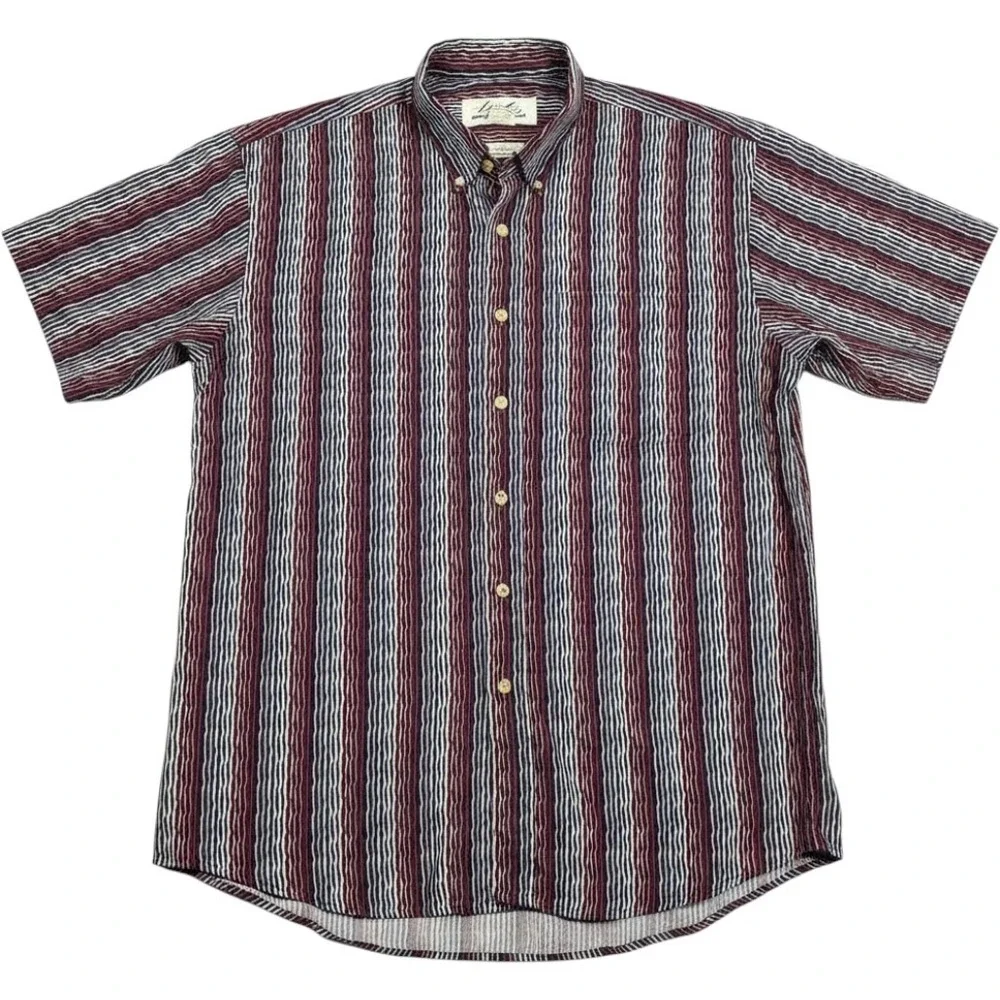 Links Edition Mens Striped Short Sleeve Button Up Shirt XL Cotton Casual Red